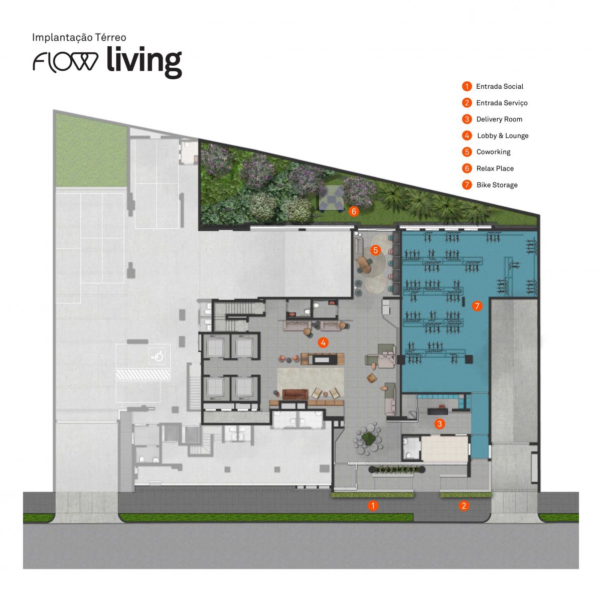Ilustração Artística da Implantação do Pav Térreo Flow Living