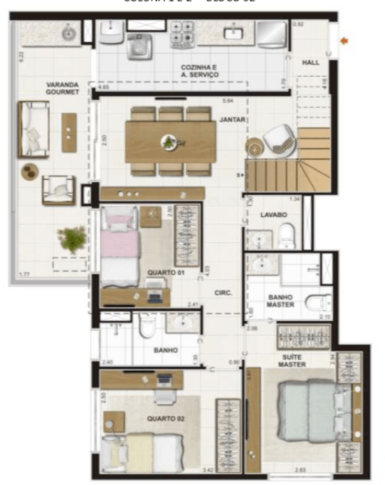 PLANTA COBERTURA PAVIMENTO INFERIOR – 165,29 m2 - Suíte Master + 2 Quartos