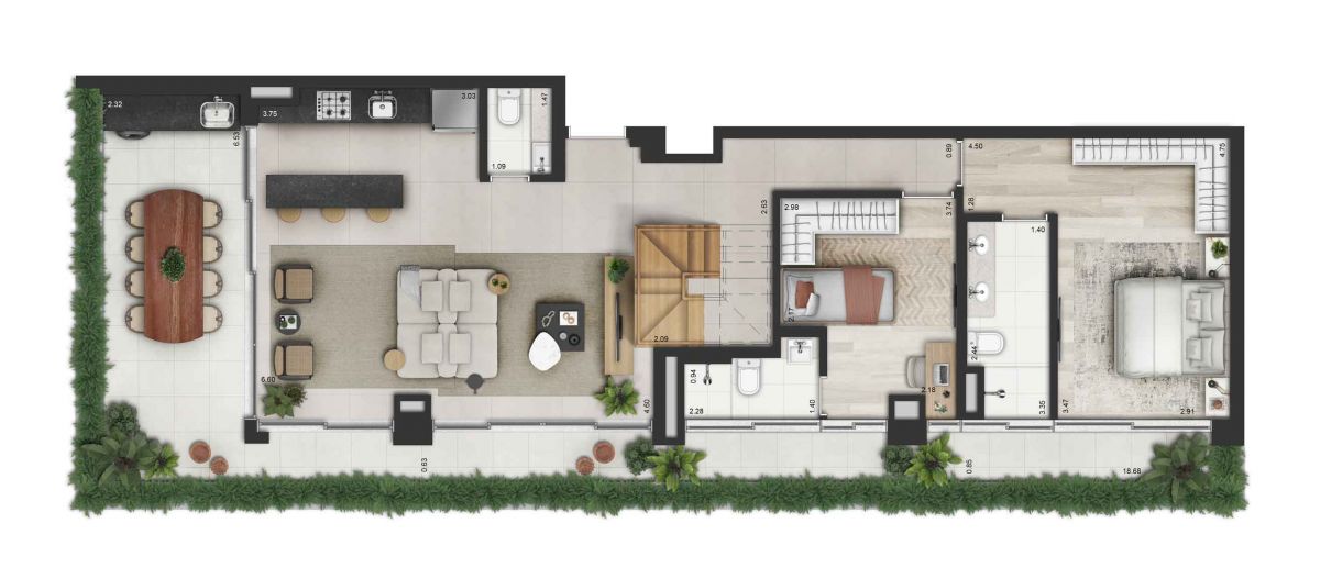 ILUSTRAÇÃO ARTÍSTICA DA PLANTA PAV. INFERIOR DA COBERTURA DE 217m² TORRE A