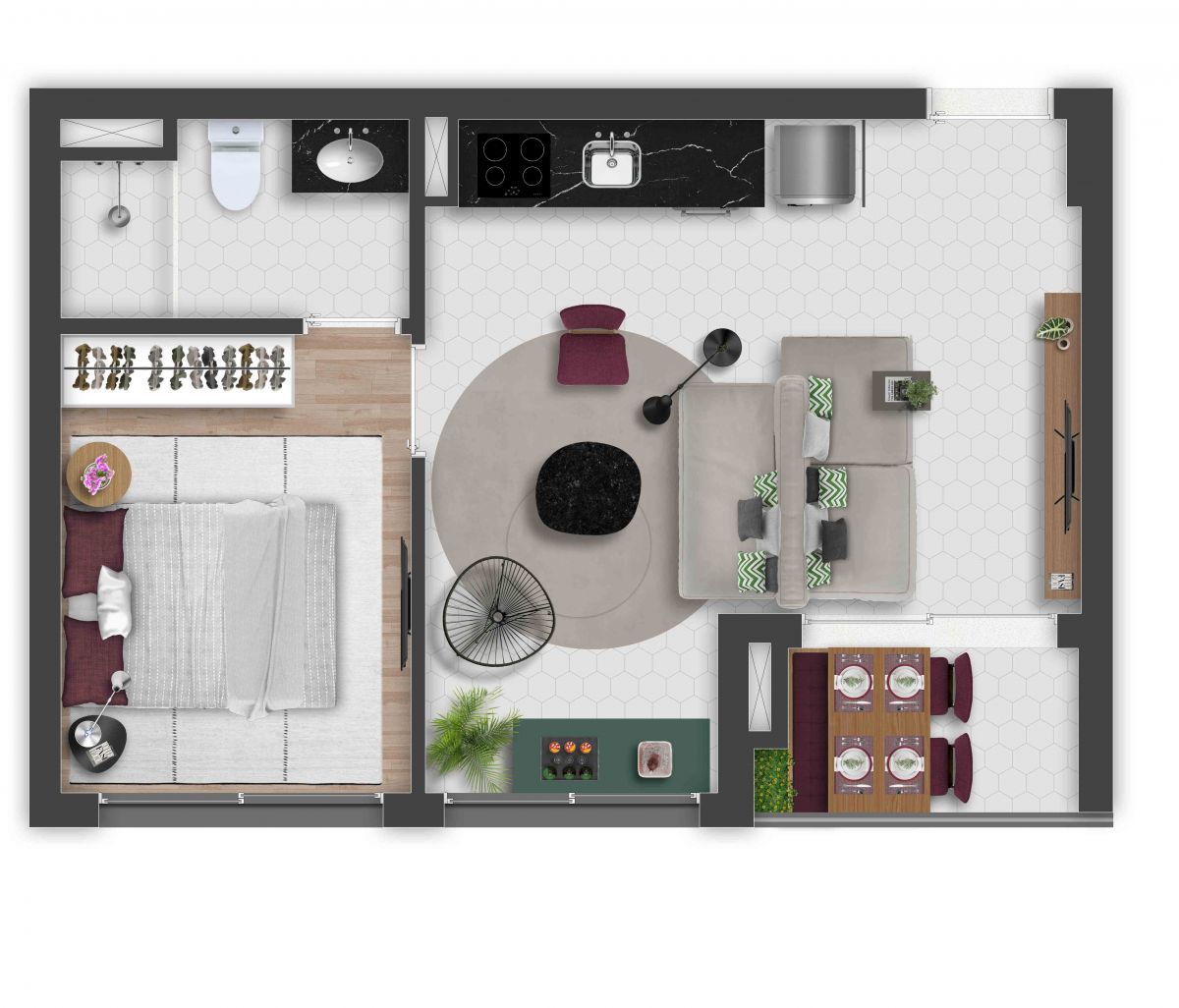 Ilustração Artística da Planta Tipo Opção II - 1 Dorms