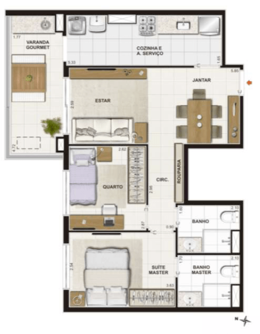 PLANTA TIPO – 69,69 m2 - Suíte Master + 1 Quarto