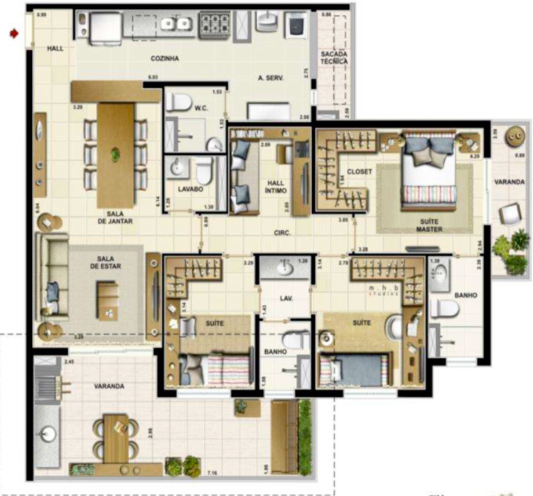 Planta opção 2 - 120m² - 03 suítes + 01 lavabo + 01 dependência de empregada completa (01 suíte)