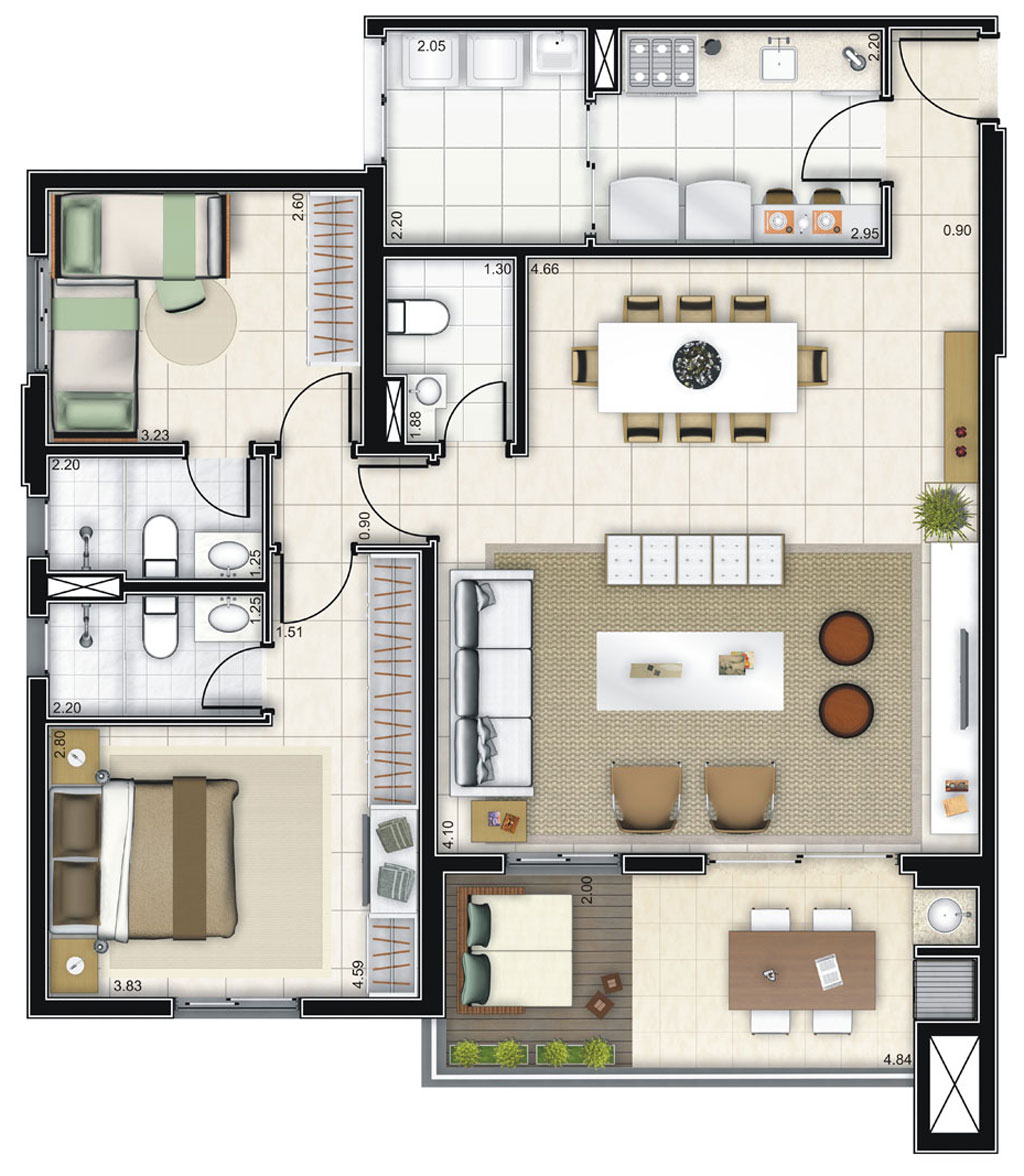 Planta de 101m² com sala ampliada