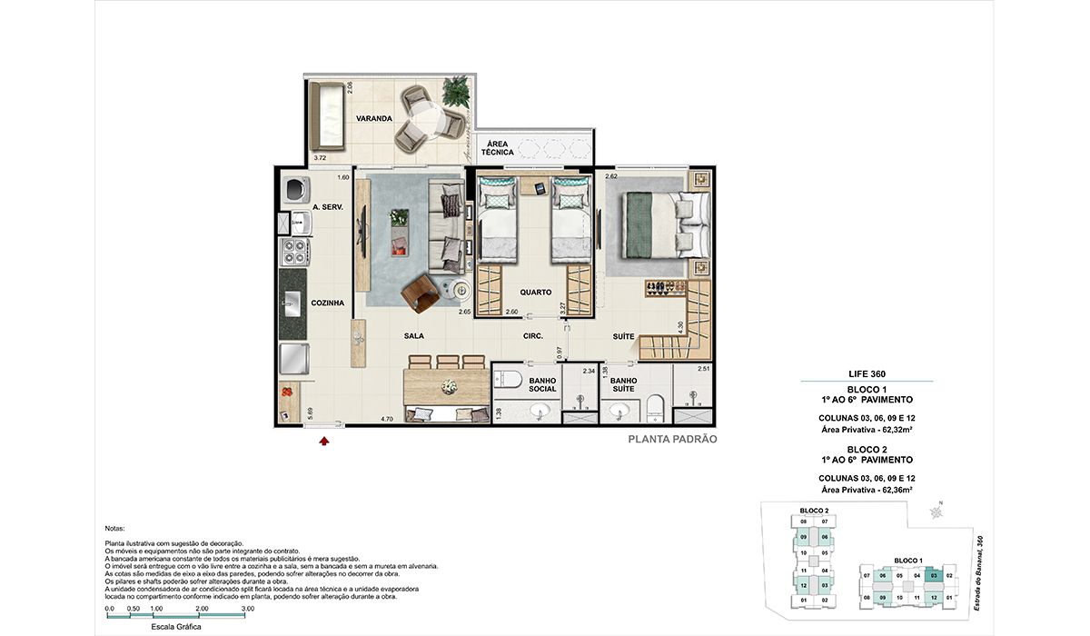 1º ao 6º pavimento (colunas 3, 6, 9 e 12) – BLOCO 1 e BLOCO 2