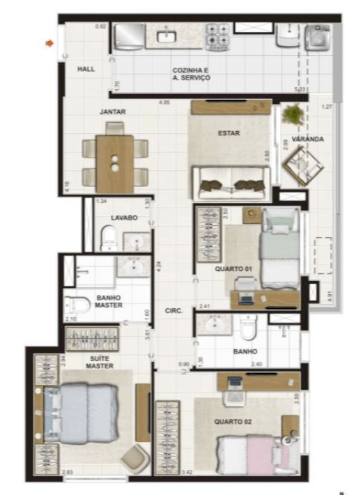 PLANTA TIPO – 75,30 m2 - Suíte Master + 2 Quartos