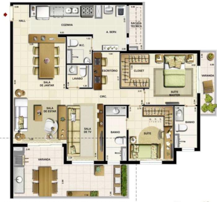 Planta opção 1 - 120m² - 03 suítes + 01 lavabo + 01 dependência de empregada completa (01 suíte)
