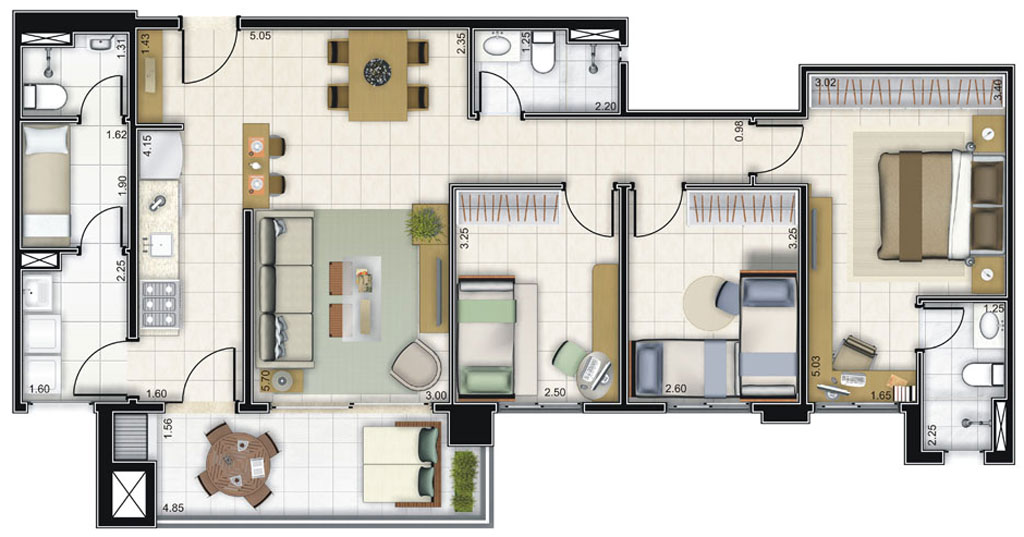 Planta de 97m² | 3 dormitórios, sendo 1 suíte