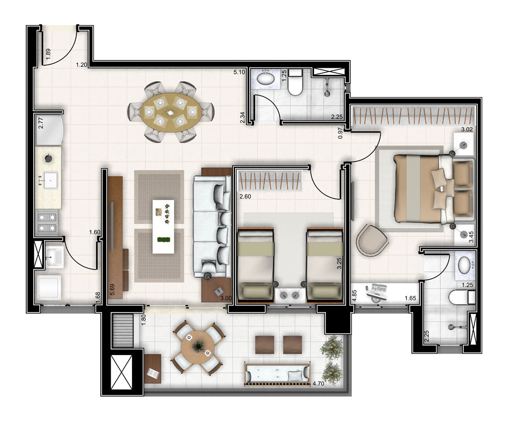 Planta de 77m² | 2 dormitórios, sendo 1 suíte