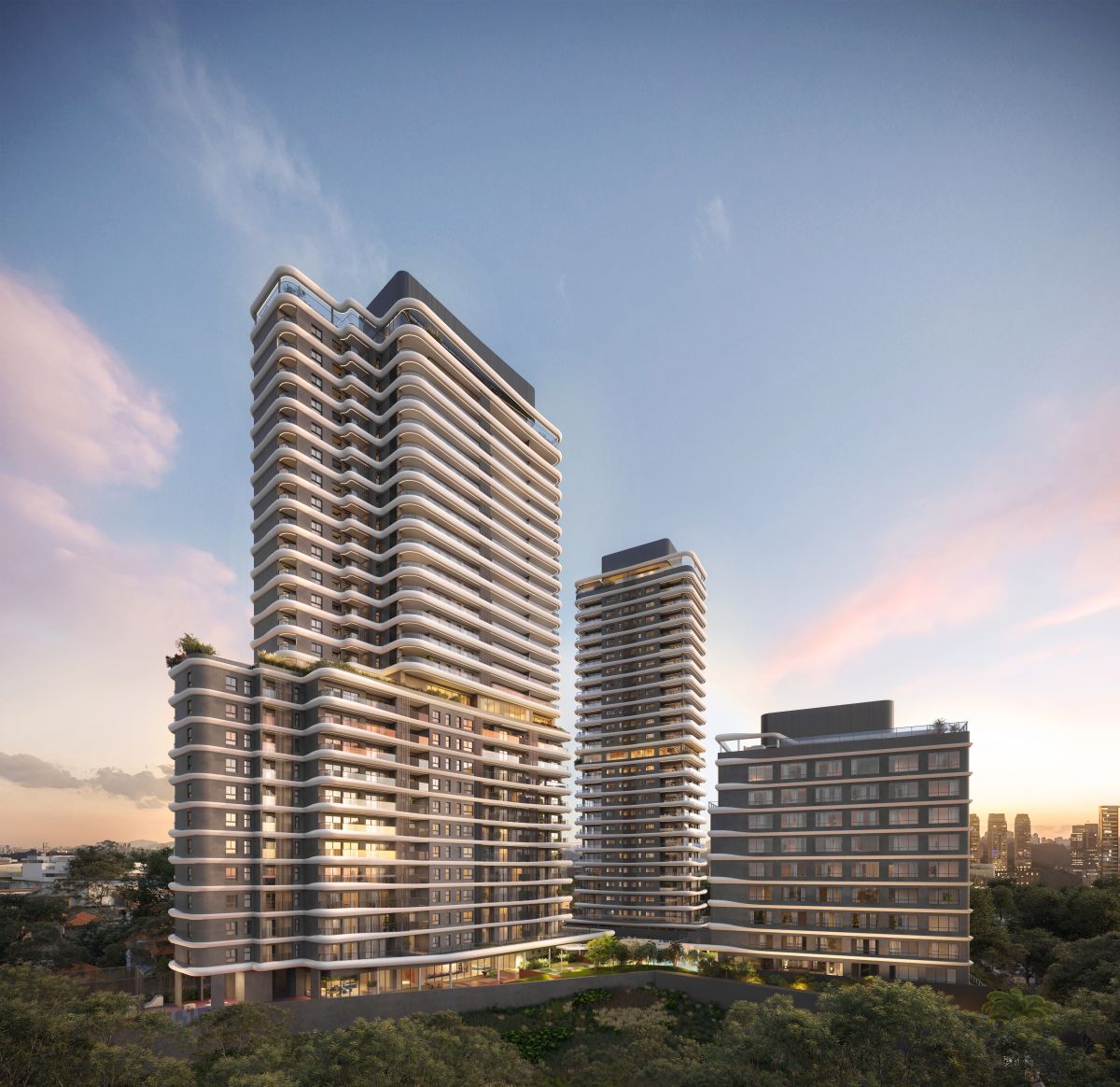 Concepção Artística do complexo – torres Paris, Shanghai e Miami