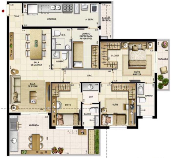 Planta básica - 120m² - 03 suítes + 01 lavabo + 01 dependência de empregada completa (01 suíte)