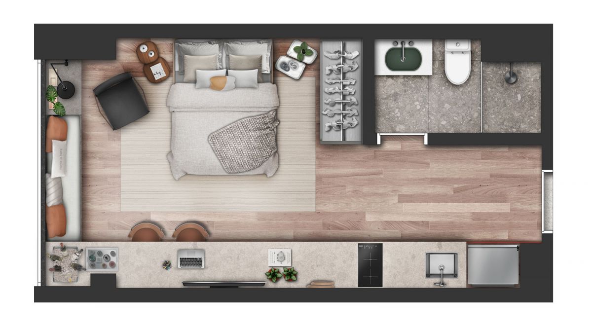 Concepção artística da planta studio de 27m²