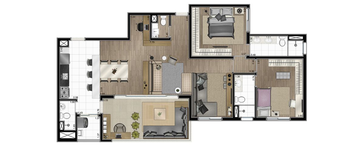 Planta opção 116m²- com sala e cozinha ampliada