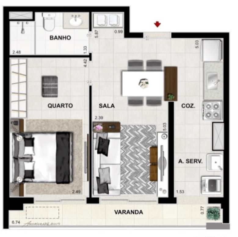 PLANTA TIPO QUARTO SALA COLUNA 10 – 47,40 m2 COLUNA 11 – 47,64 m2