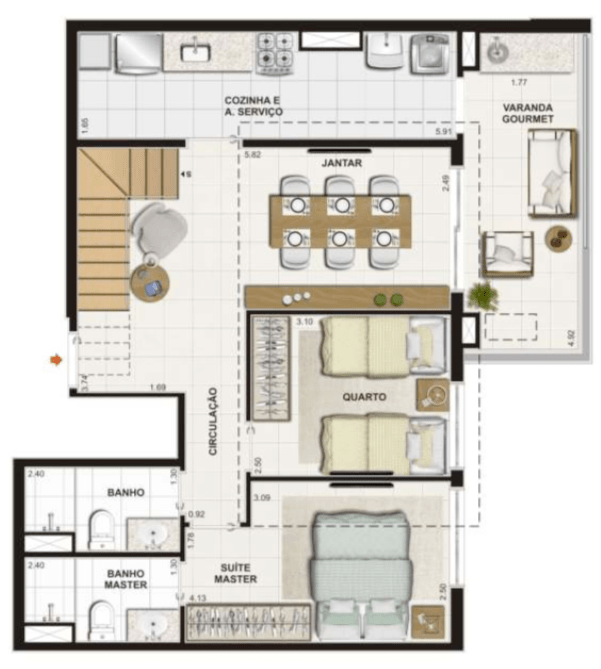 PLANTA COBERTURA PAVIMENTO INFERIOR – 152,28 m2 - Suíte Master + 1 Quarto