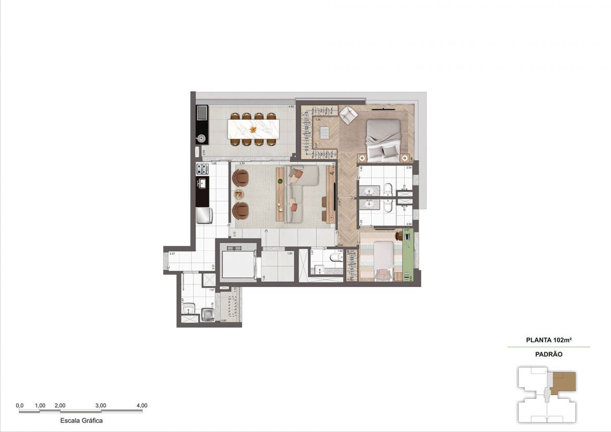 Planta Tipo Padrão de 102m²