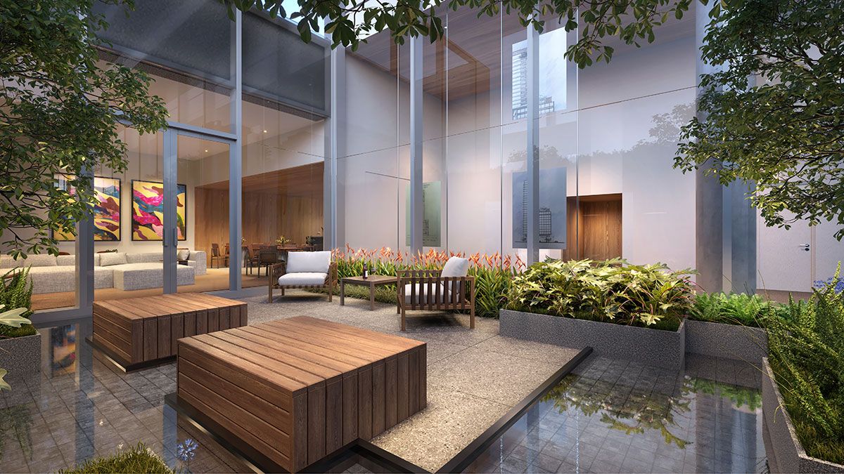 Ilustração Artísticas do Lounge Externo do Salão de Festas