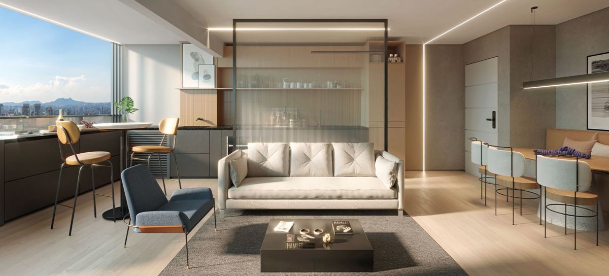 Concepção Artística do Living Ampliado da Planta de Opção de 76m² - Torre Paris