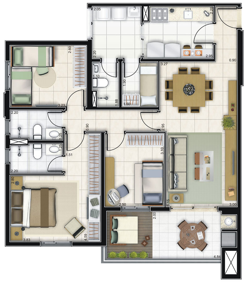 Planta de 101m² | 3 dormitórios, sendo 1 suíte