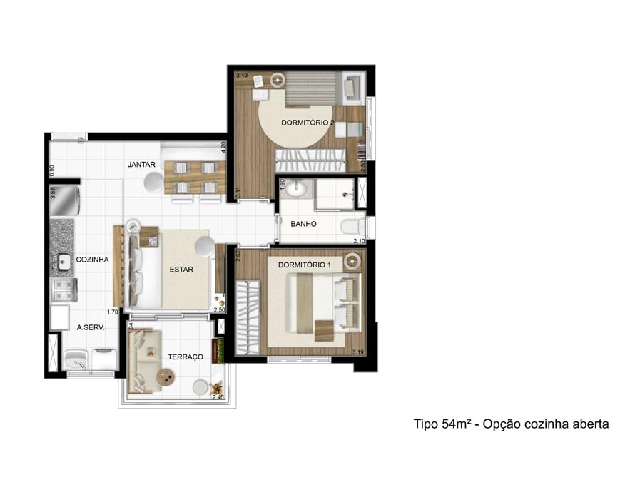 Planta baixa 54m² Tipo cozinha aberta