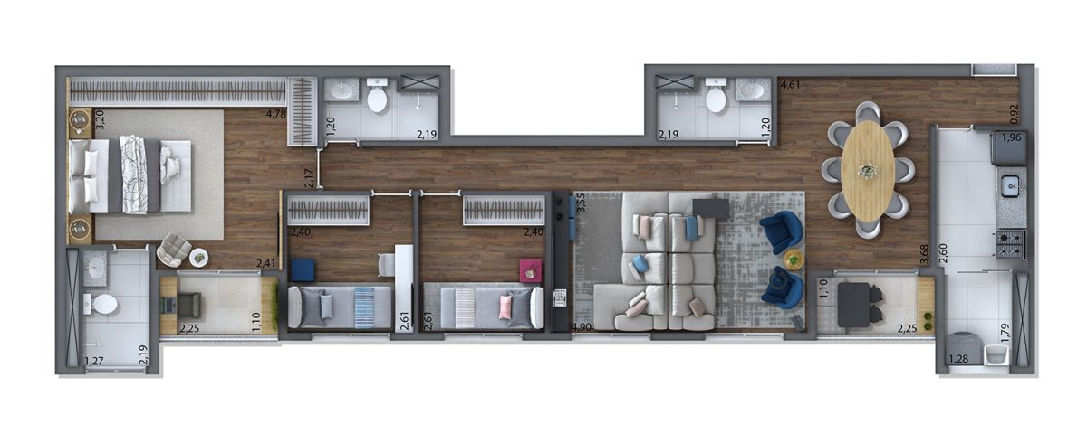 Ilustração Artística da Planta Tipo final 4 - 92m²