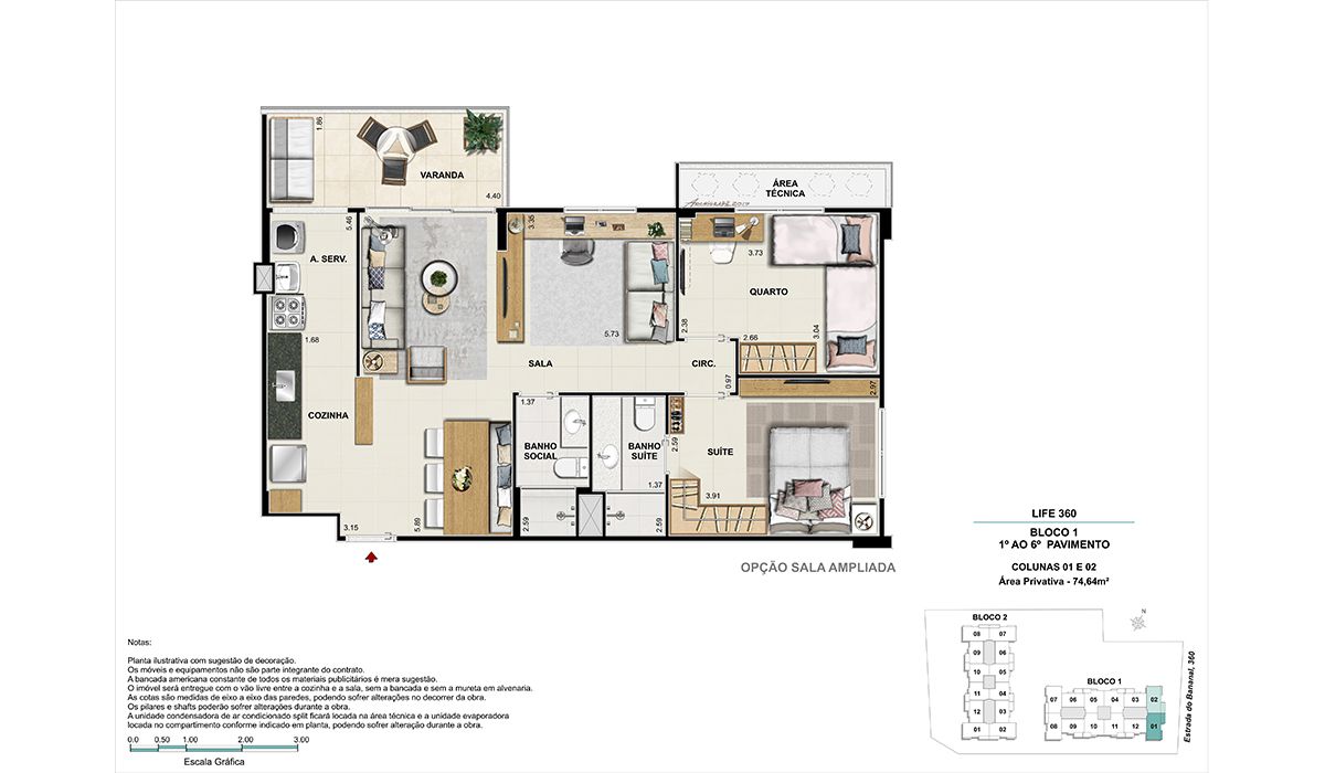 1º ao 6º pavimento (colunas 1 e 2) – Opção sala ampliada - BLOCO 1