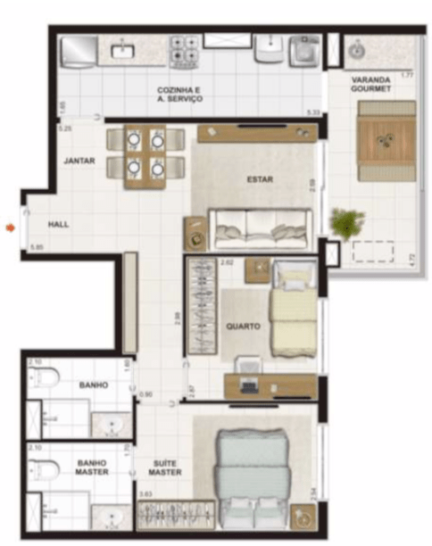 PLANTA TIPO – 69,23 m2 - Suíte Master + 1 Quarto