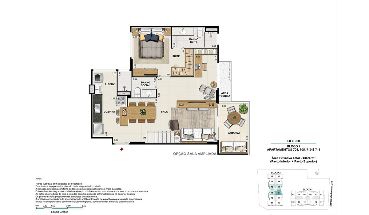 Cobertura (colunas 4, 5, 10 e 11)- pavimento inferior - Opção sala ampliada - BLOCO 2