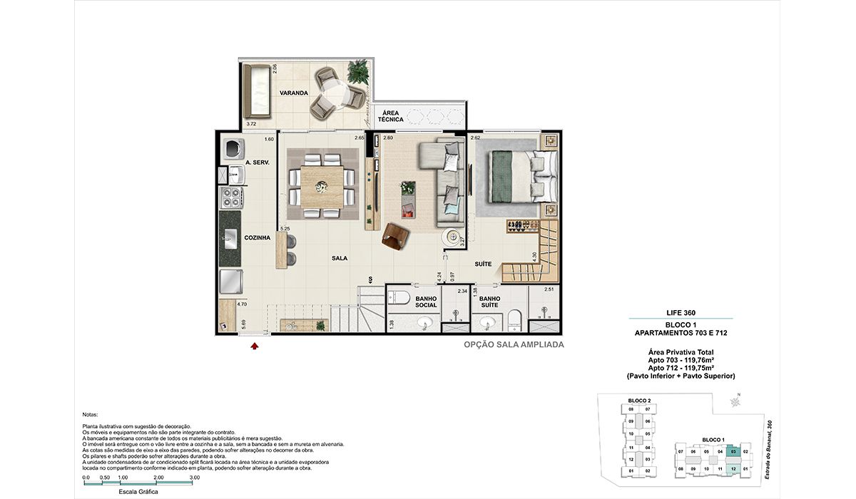 Cobertura (colunas 3 e 12)- pavimento inferior -  Opção sala ampliada  - BLOCO 1