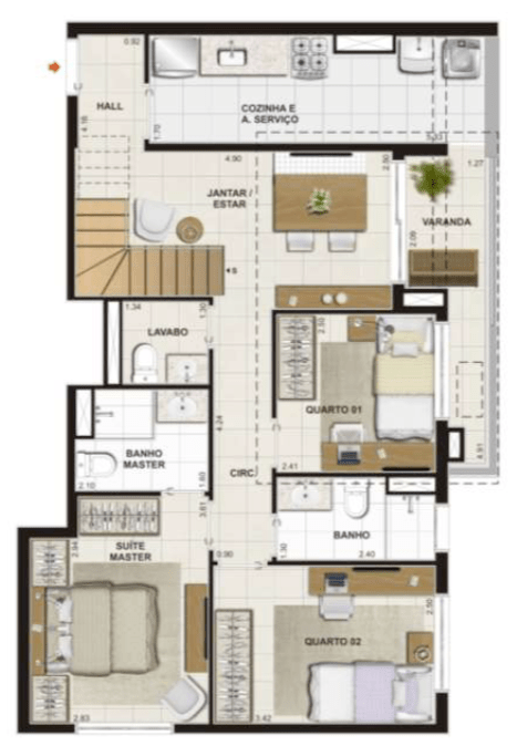 PLANTA COBERTURA PAVIMENTO INFERIOR – 150,48 m2 - Suíte Master + 2 Quartos