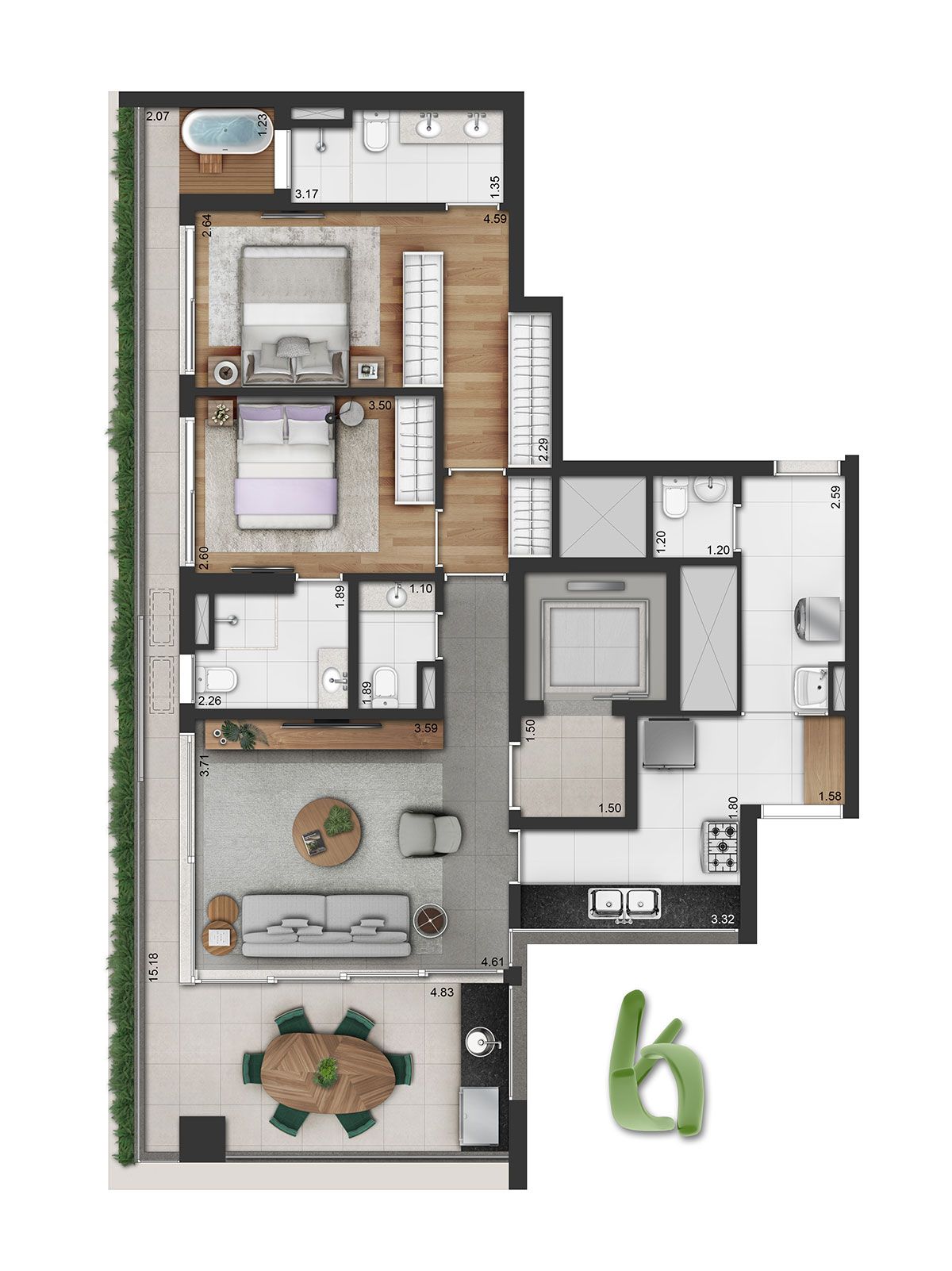 Ilustração Artística da Planta Padrão de 124m²