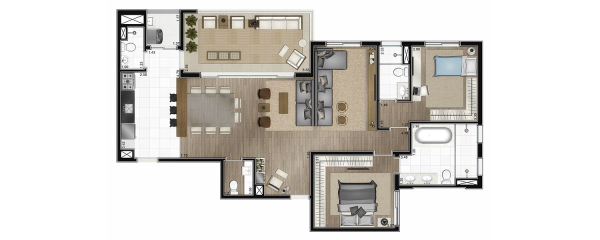 Planta opção 122m²- com sala e cozinha ampliada