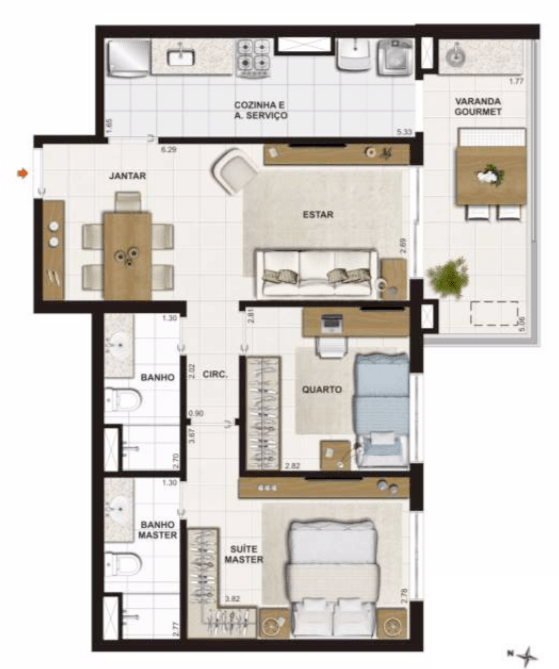 PLANTA TIPO – 73,73 m2 - Suíte Master + 1 Quarto