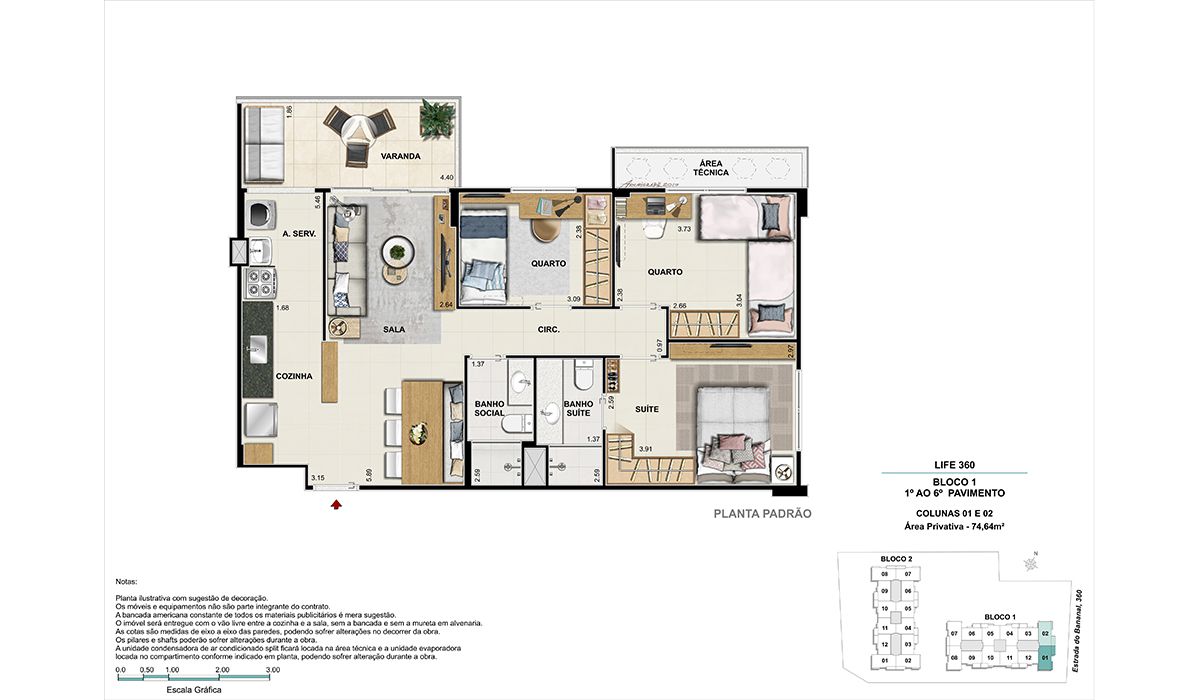 1º ao 6º pavimento (colunas 1 e 2) – BLOCO 1