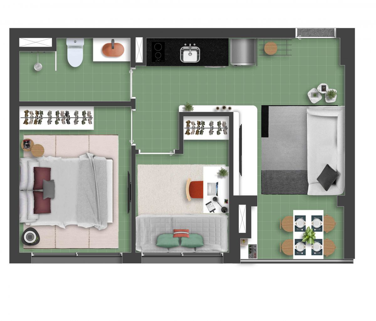 Ilustração Artística da Planta Tipo Opção III - 2 Dorms