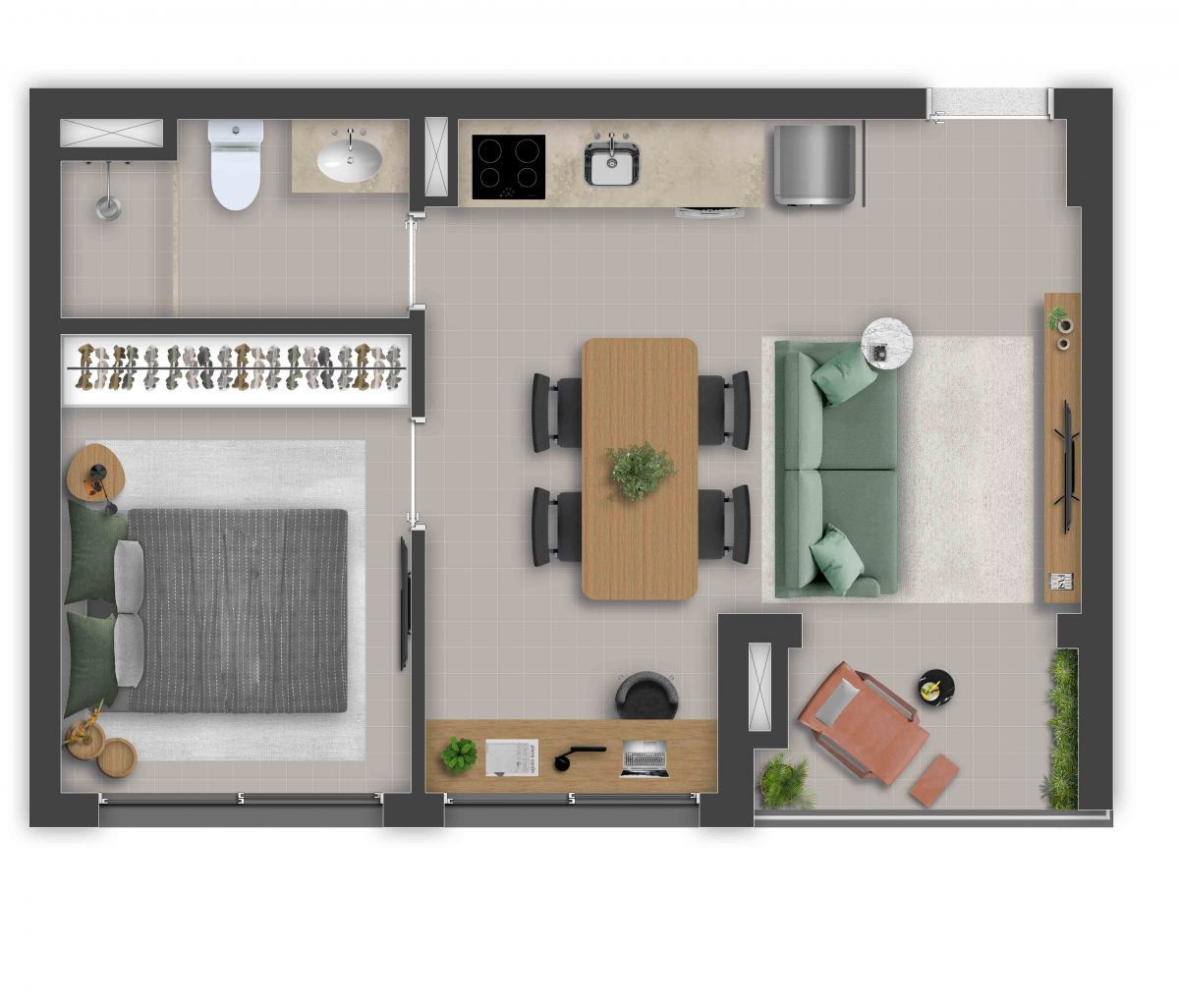 Ilustração Artística da Planta Tipo Opção - 1 Dorms