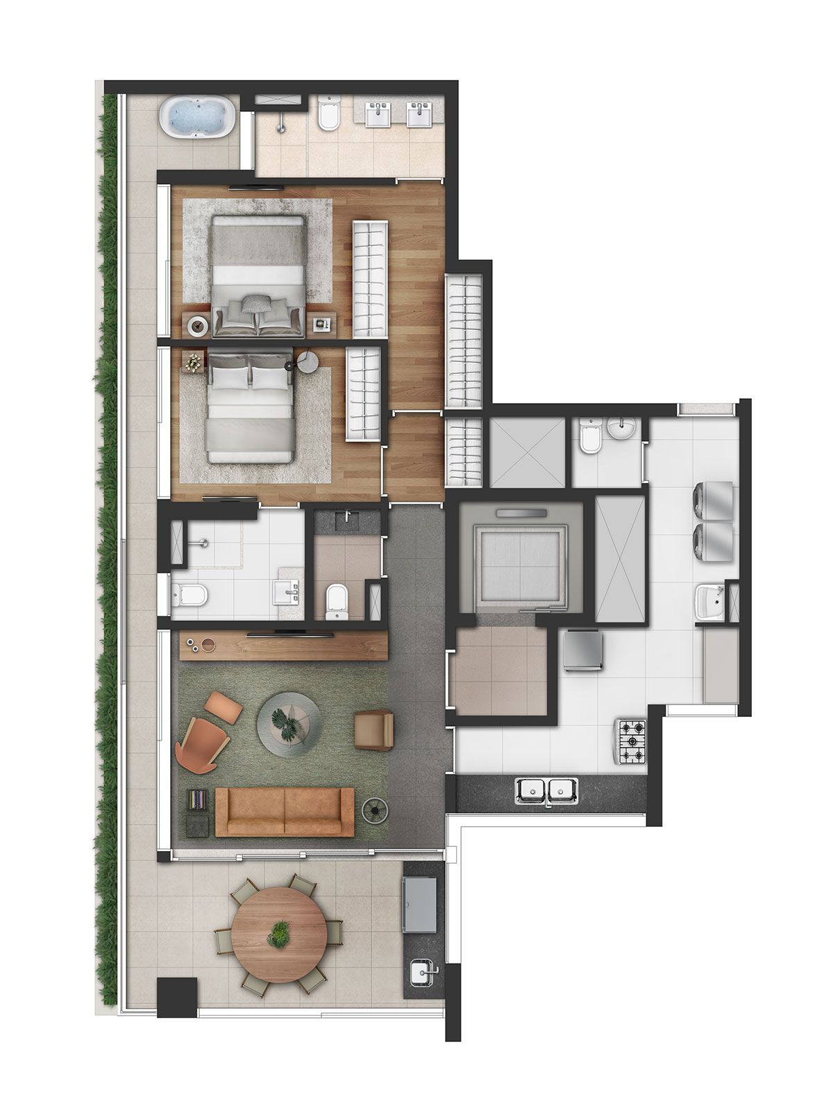Ilustração Artística da Planta Tipo Padrão de 124m²