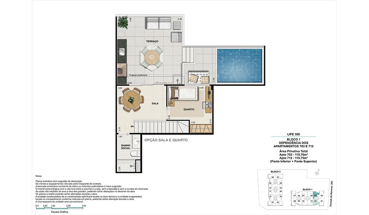 Cobertura (colunas 3 e 12)- pavimento superior – Opção sala e quarto - BLOCO 1