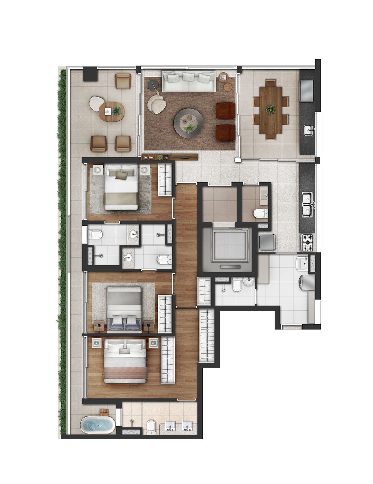 Ilustração Artística da Planta Tipo Padrão de 149m²