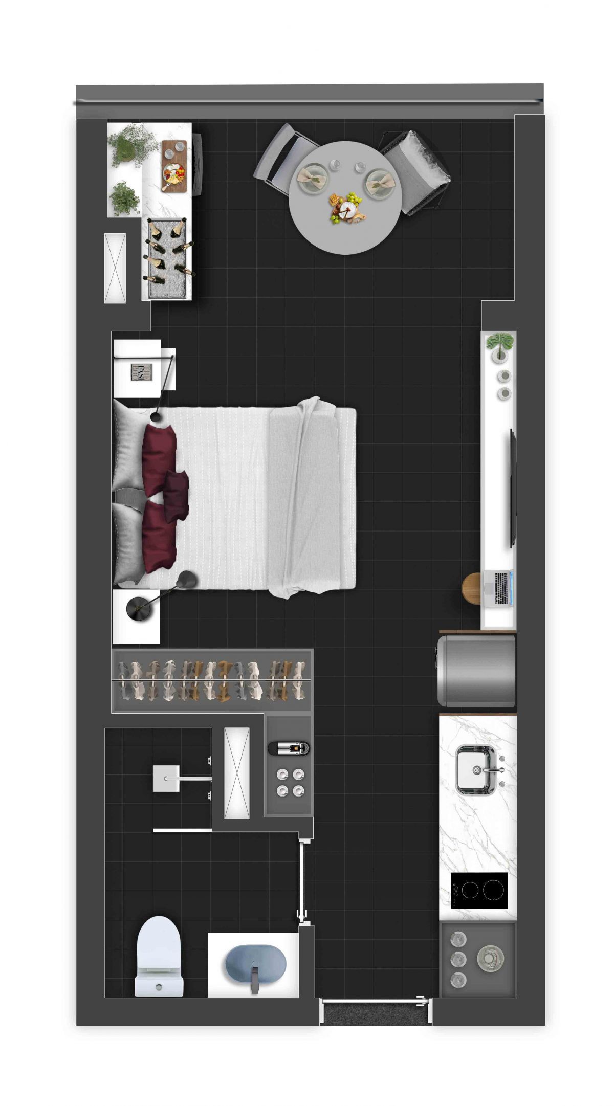 Ilustração Artística da Planta Tipo Studio II Decorado