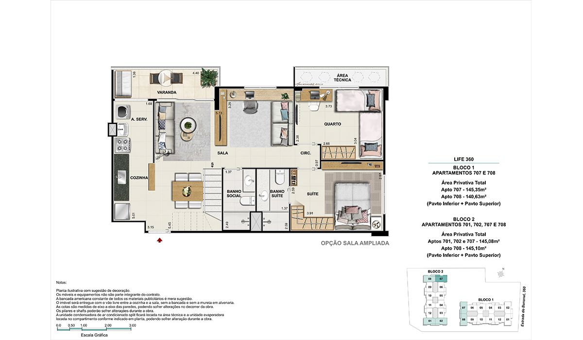 Cobertura (colunas 7 e 8)-  BLOCO 1 – (colunas 1, 2, 7, 8) BLOCO 2 – Opção sala ampliada  – pavimento inferior