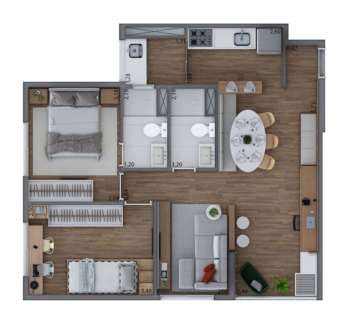 Ilustração Artística da Planta Tipo com Opção de Sala Ampliada de finais 1 e 2 - 58m²