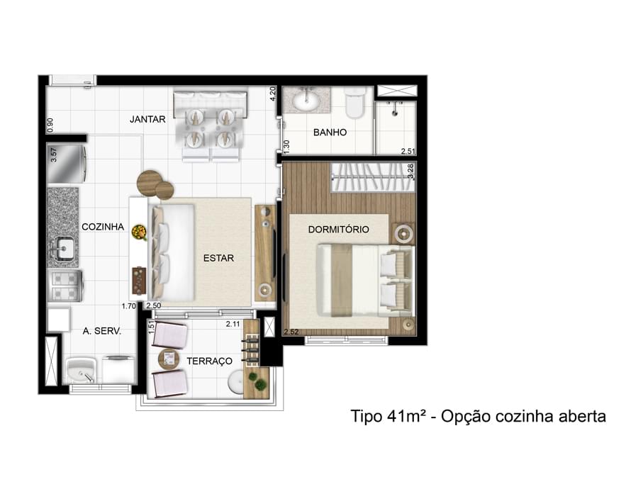 Planta baixa 41m² - cozinha aberta