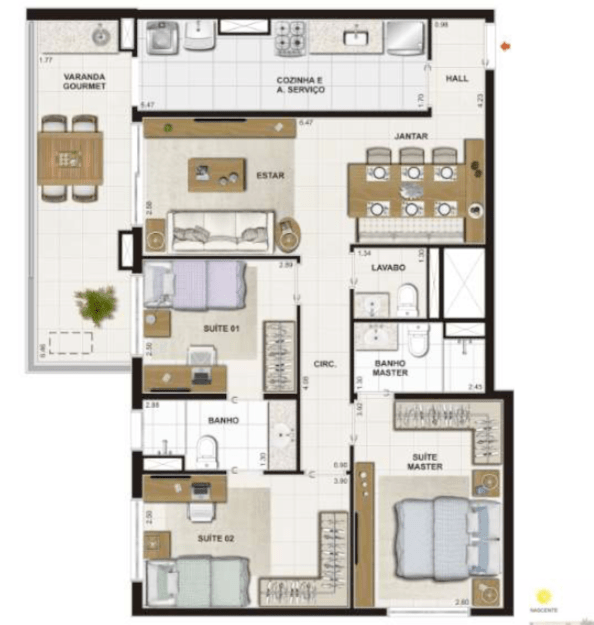 PLANTA TIPO – 92,44m2 3 Suítes