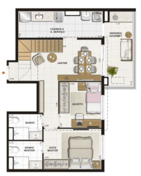 PLANTA COBERTURA PAVIMENTO INFERIOR– 141,83 m2 - Suíte Master + 1 Quarto