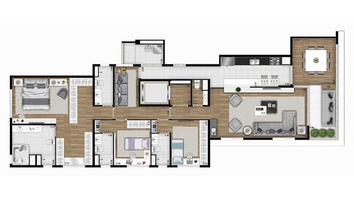 Planta opção 3 suite ampliada e cozinha integrada