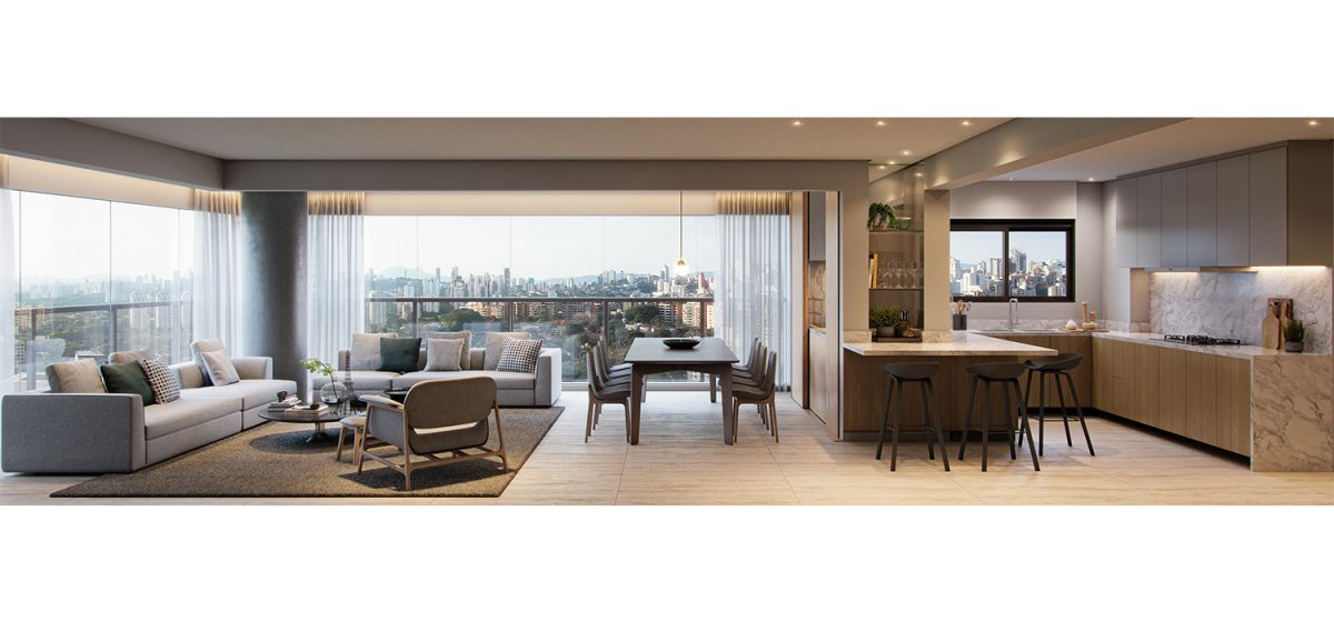 Ilustração Artística do Living da Planta Tipo Padrão de 153m²