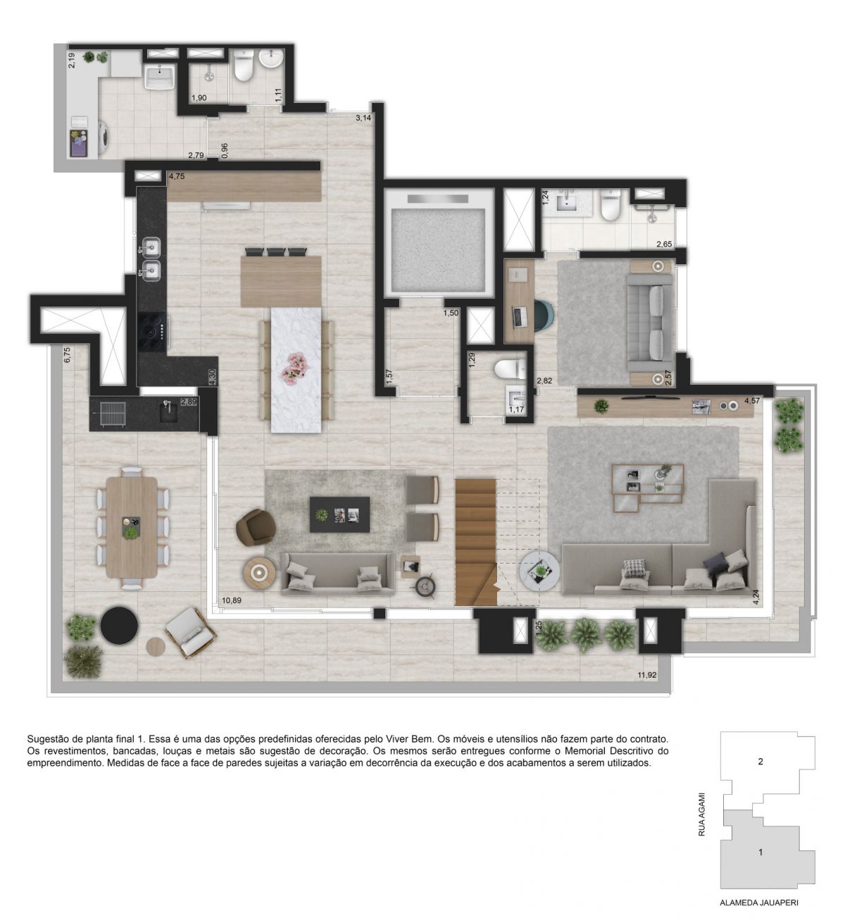 Ilustração Artística de Planta Opção Duplex Inferior 281m²