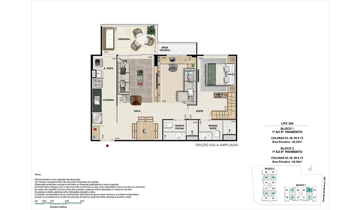 1º ao 6º pavimento (colunas 3, 6, 9 e 12) - Opção sala ampliada – BLOCO 1 e BLOCO 2