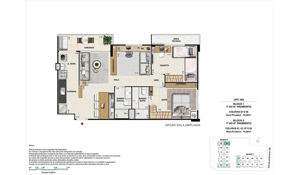 1º ao 6º pavimento (colunas 7 e 8)-  BLOCO 1 – (colunas 1, 2, 7, 8) BLOCO 2 - Opção sala ampliada