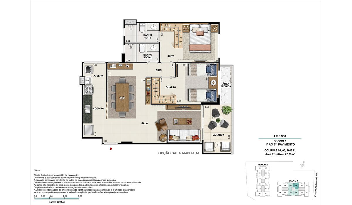 1º ao 6º pavimento (colunas 4, 5, 10 e 11) - Opção sala ampliada  – BLOCO 1